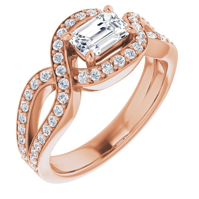 10K Rose Gold Customizable Emerald/Radiant Cut Center with Infinity-inspired Split Shared Prong Band and Bypass Halo