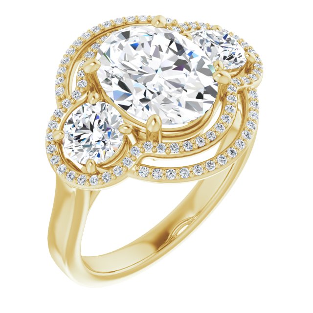 10K Yellow Gold Customizable Cathedral-set Enhanced 3-stone Oval Cut Design with Multidirectional Halo