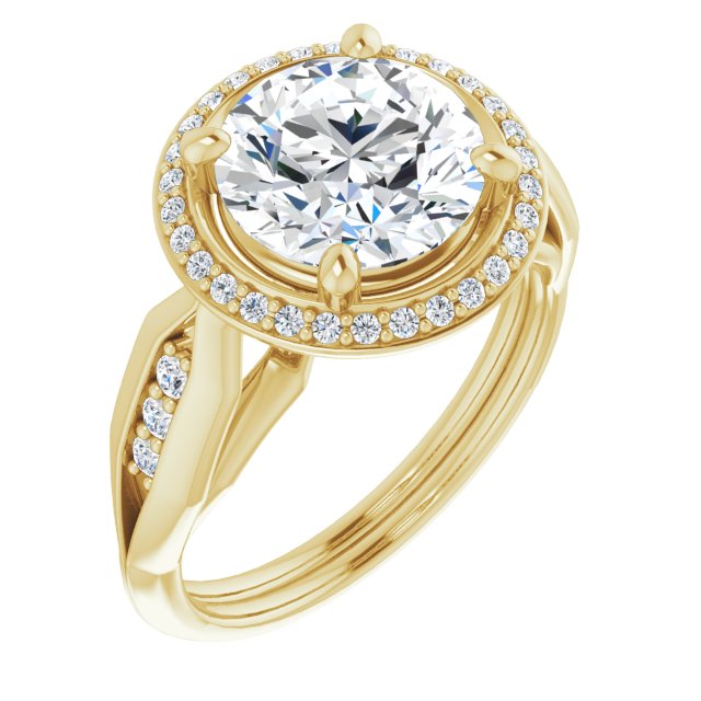 14K Yellow Gold Customizable Cathedral-raised Round Cut Design with Halo and Tri-Cluster Band Accents