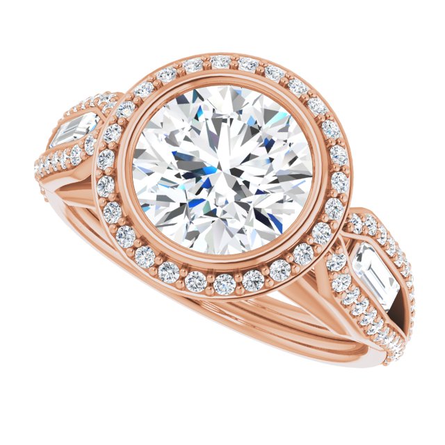 Cubic Zirconia Engagement Ring- The Alekhya (Customizable Cathedral-Bezel Round Cut Design with Halo, Split-Pavé Band & Channel Baguettes)