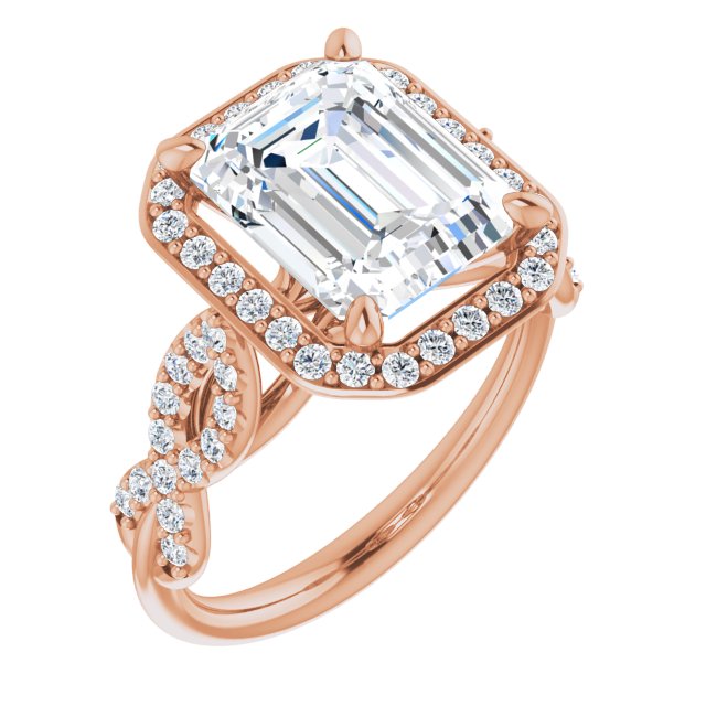 10K Rose Gold Customizable Cathedral-Halo Emerald/Radiant Cut Design with Artisan Infinity-inspired Twisting Pavé Band