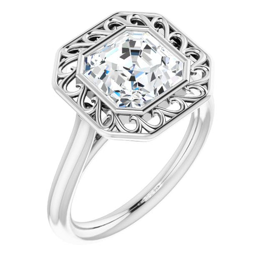 10K White Gold Customizable Cathedral-Bezel Style Asscher Cut Solitaire with Flowery Filigree
