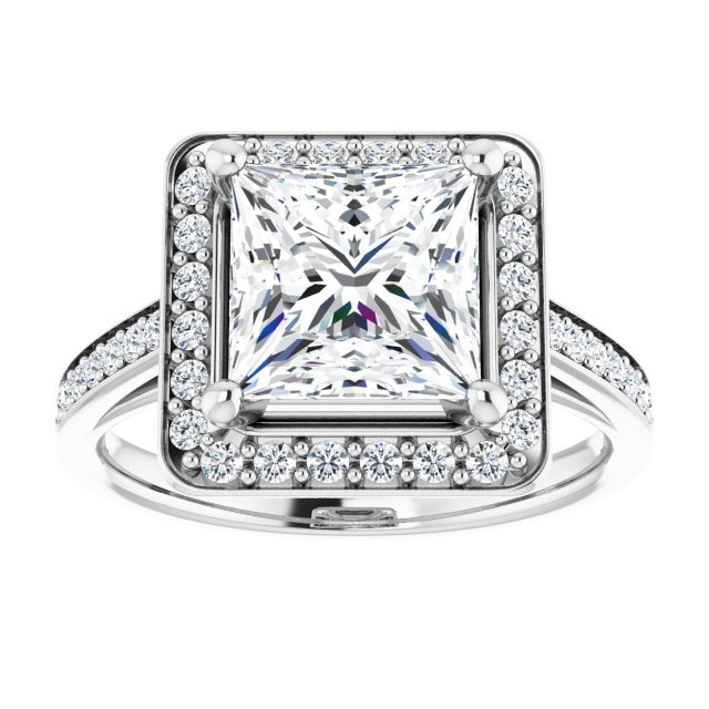 Cubic Zirconia Engagement Ring- The Natascha Eva (Customizable Cathedral-raised Princess/Square Cut Halo-and-Accented Band Design)