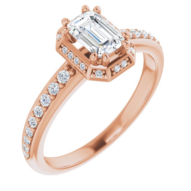 10K Rose Gold Customizable Emerald/Radiant Cut Design with Geometric Under-Halo and Shared Prong Band