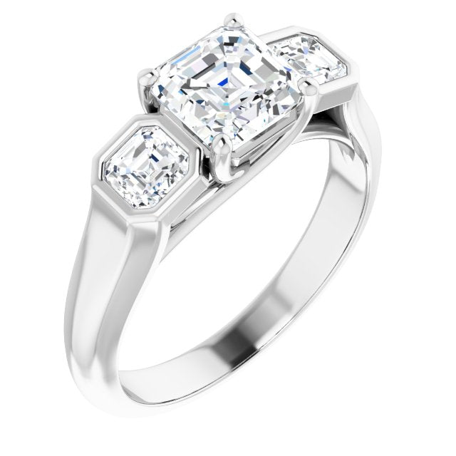 10K White Gold Customizable 3-stone Cathedral Asscher Cut Design with Twin Asscher Cut Side Stones