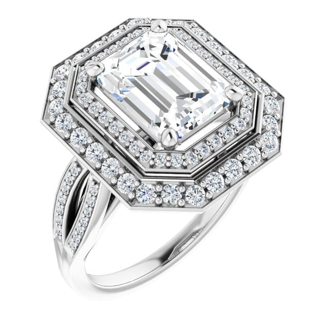 10K White Gold Customizable Cathedral-style Emerald/Radiant Cut Design with Double Halo & Split-Pavé Band