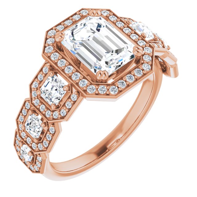 Cubic Zirconia Engagement Ring- The Carmela (Customizable Cathedral-Halo Radiant Cut Design with Six Halo-surrounded Asscher Cut Accents and Ultra-wide Band)