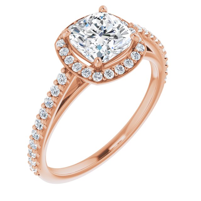 10K Rose Gold Customizable Cushion Cut Design with Halo and Thin Pavé Band