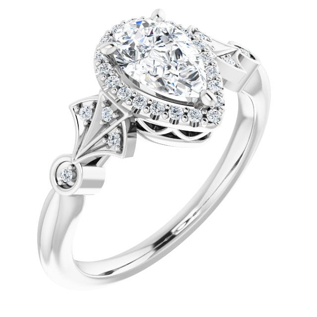 10K White Gold Customizable Cathedral-Crown Pear Cut Design with Halo and Scalloped Side Stones