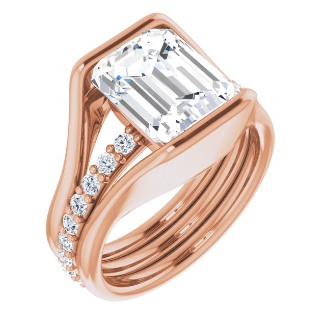 10K Rose Gold Customizable Bezel-set Emerald/Radiant Cut Style with Thick Pavé Band