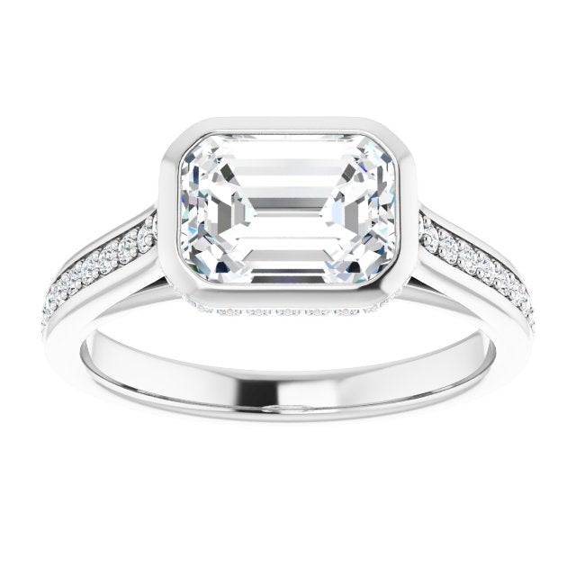 Cubic Zirconia Engagement Ring- The Jada (Customizable Cathedral-Bezel Emerald Cut Design with Under Halo and Shared Prong Band)