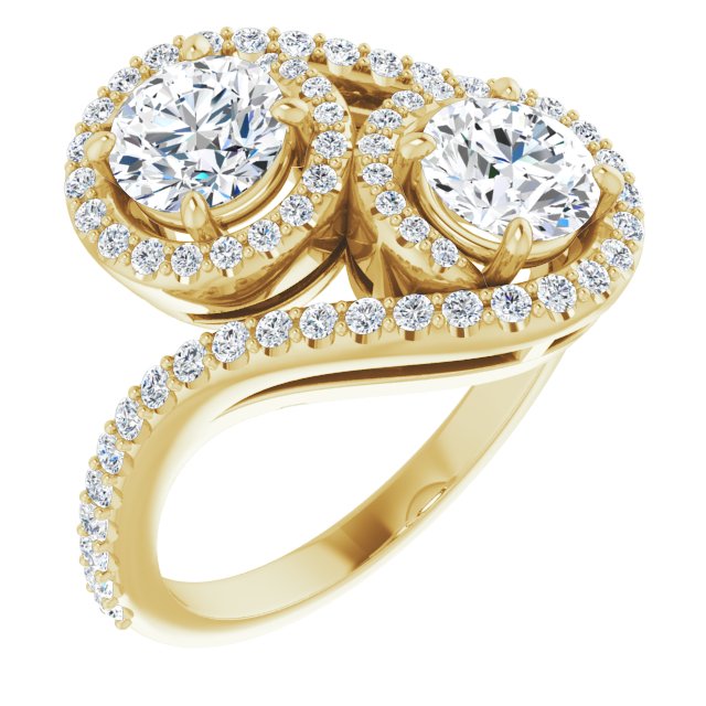 10K Yellow Gold Customizable Double Round Cut 2-Stone Style Enhanced with Accented Artisan Bypass Band