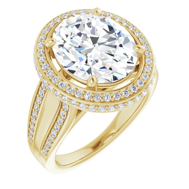 10K Yellow Gold Customizable Halo-style Oval Cut with Under-halo & Ultra-wide Band