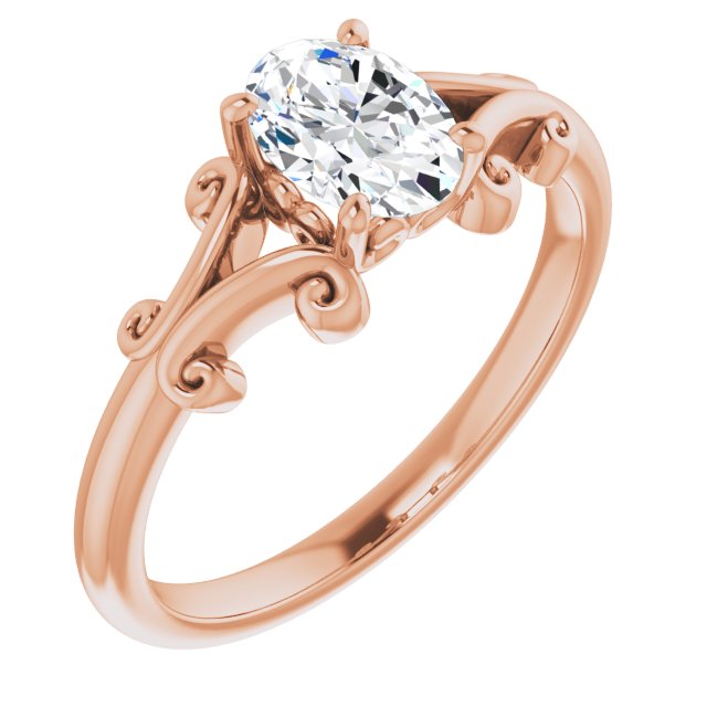 10K Rose Gold Customizable Oval Cut Solitaire with Band Flourish and Decorative Trellis
