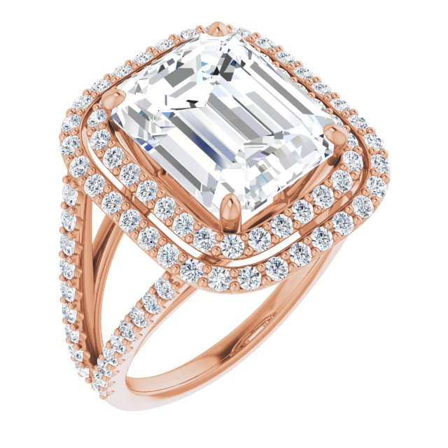 10K Rose Gold Customizable Emerald/Radiant Cut Design with Double Halo and Wide Split-Pavé Band