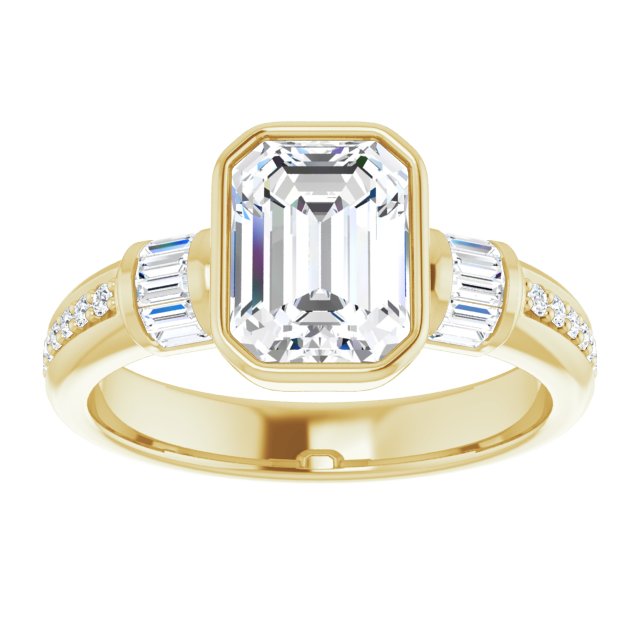 Cubic Zirconia Engagement Ring- The Danna (Customizable Cathedral-Bezel Emerald Cut Style with Horizontal Baguettes & Shared Prong Band)