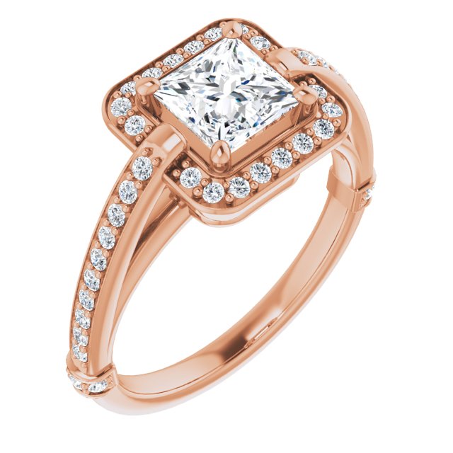 10K Rose Gold Customizable High-Cathedral Princess/Square Cut Design with Halo and Shared Prong Band