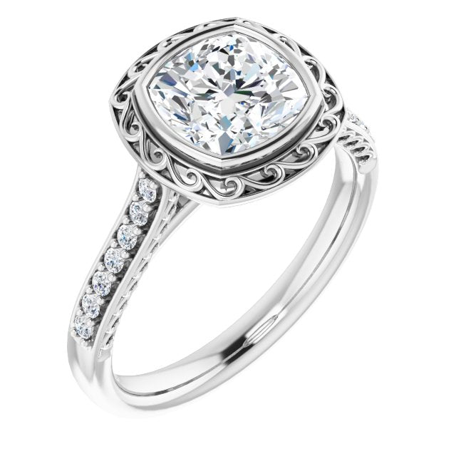 Cubic Zirconia Engagement Ring- The Itzayana (Customizable Cathedral-Bezel Cushion Cut Design featuring Accented Band with Filigree Inlay)