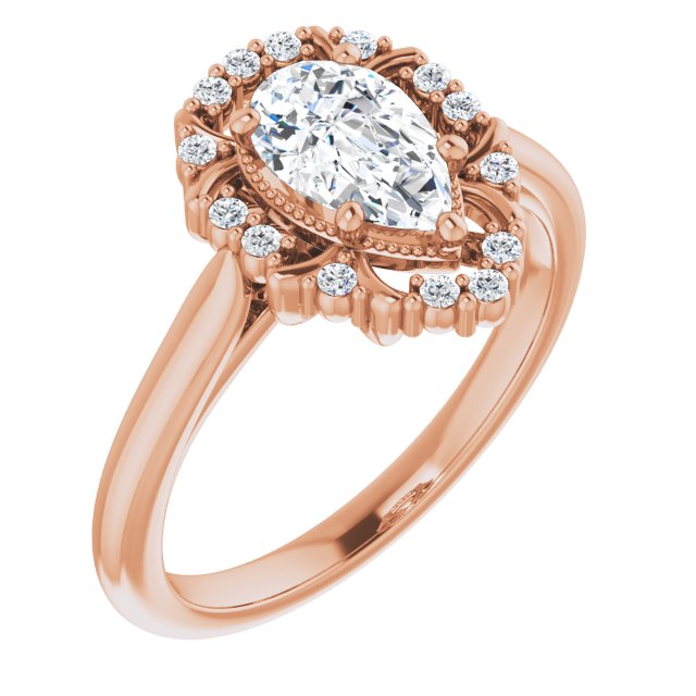 10K Rose Gold Customizable Pear Cut Design with Majestic Crown Halo and Raised Illusion Setting