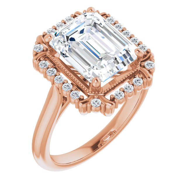 10K Rose Gold Customizable Emerald/Radiant Cut Design with Majestic Crown Halo and Raised Illusion Setting