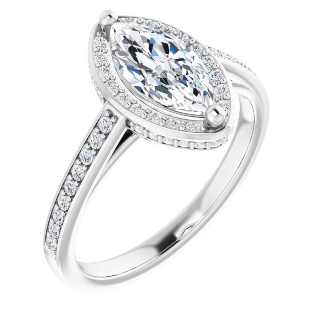 10K White Gold Customizable Cathedral-Halo Marquise Cut Design with Under-halo & Shared Prong Band