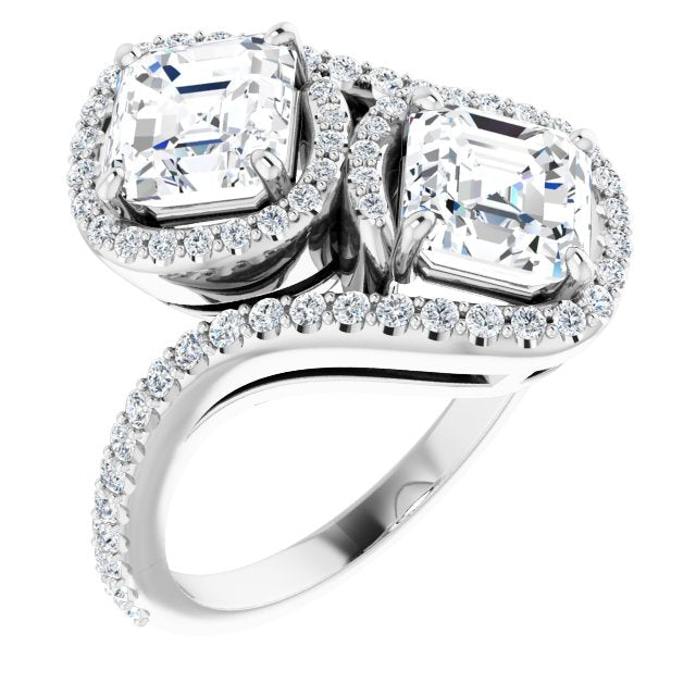10K White Gold Customizable Double Asscher Cut 2-Stone Style Enhanced with Accented Artisan Bypass Band