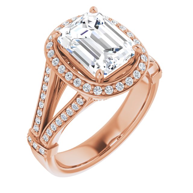 10K Rose Gold Customizable Emerald/Radiant Cut Setting with Halo, Under-Halo Trellis Accents and Accented Split Band