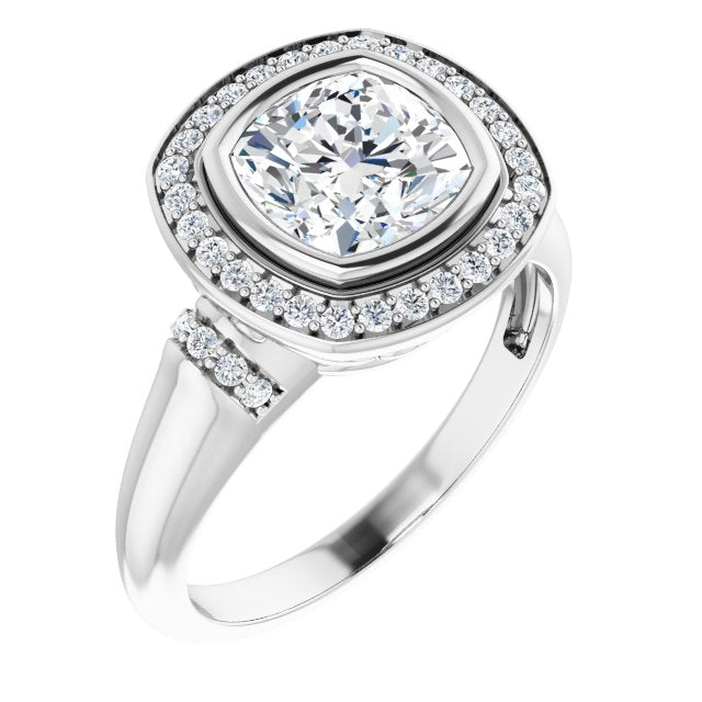 Cubic Zirconia Engagement Ring- The Vilde (Customizable Bezel-set Cushion Cut Design with Halo and Vertical Round Channel Accents)