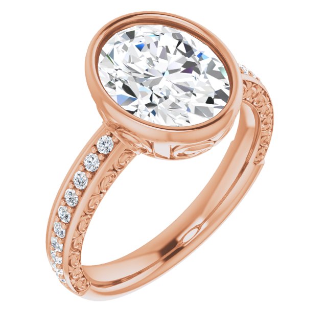 10K Rose Gold Customizable Bezel-set Oval Cut Design with Cloud-pattern Band & Semi-Eternity Accents