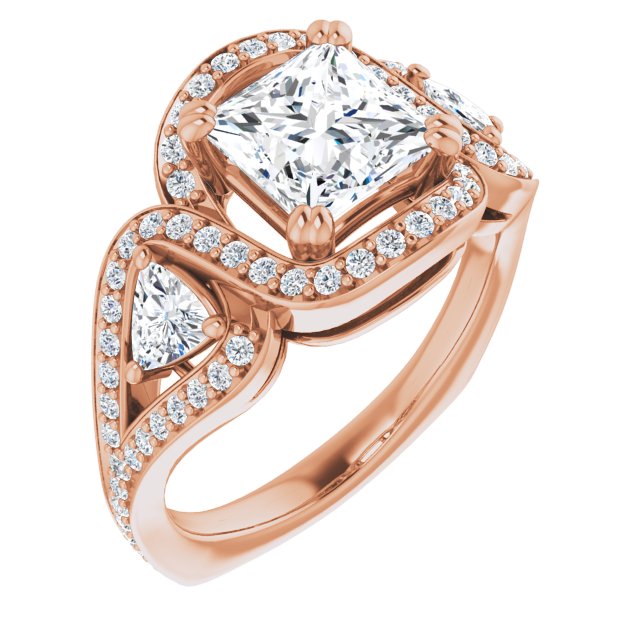 10K Rose Gold Customizable Princess/Square Cut Center with Twin Trillion Accents, Twisting Shared Prong Split Band, and Halo