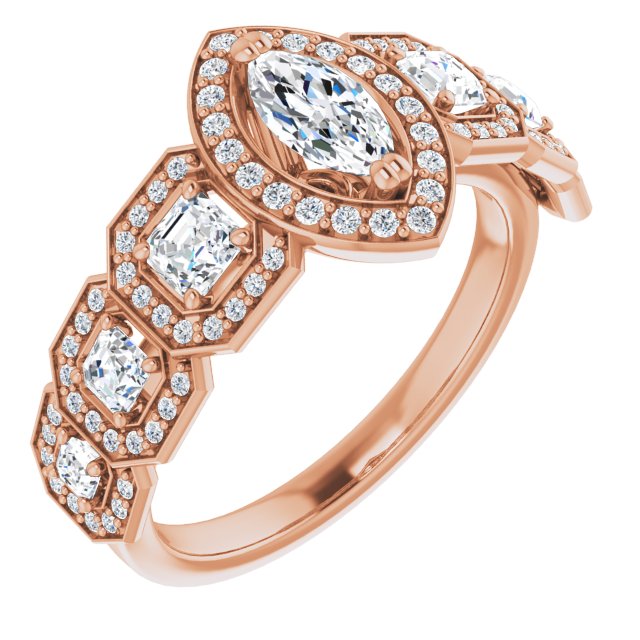 10K Rose Gold Customizable Cathedral-Halo Marquise Cut Design with Six Halo-surrounded Asscher Cut Accents and Ultra-wide Band