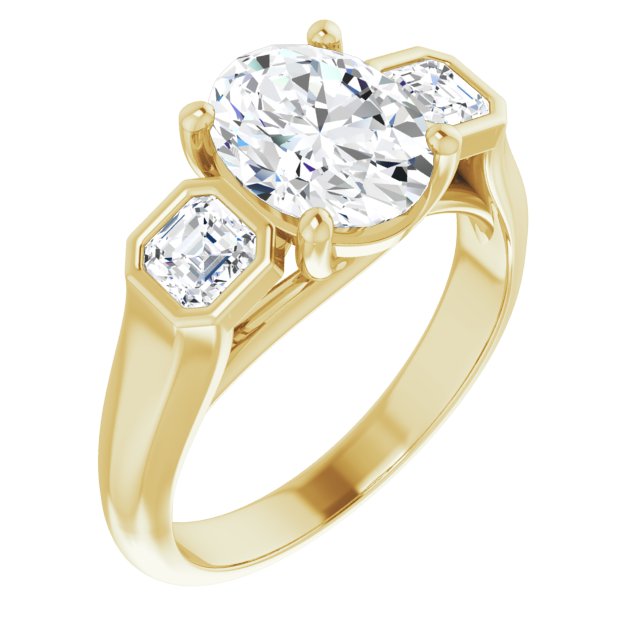 10K Yellow Gold Customizable 3-stone Cathedral Oval Cut Design with Twin Asscher Cut Side Stones