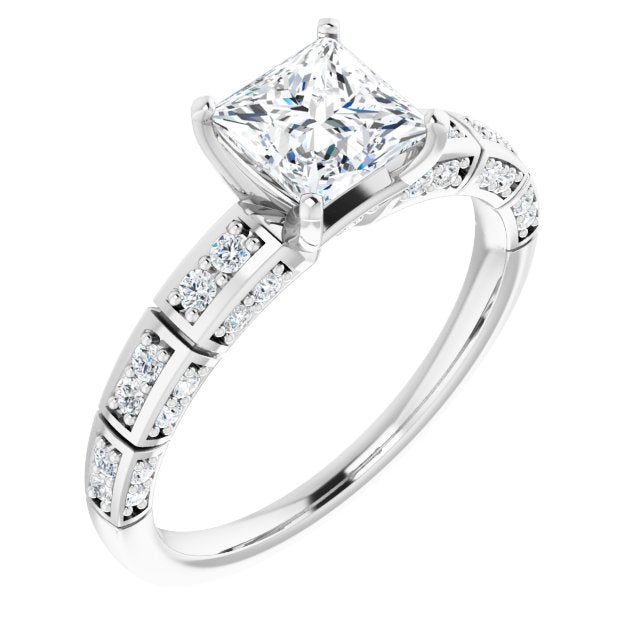 10K White Gold Customizable Princess/Square Cut Style with Three-sided, Segmented Shared Prong Band