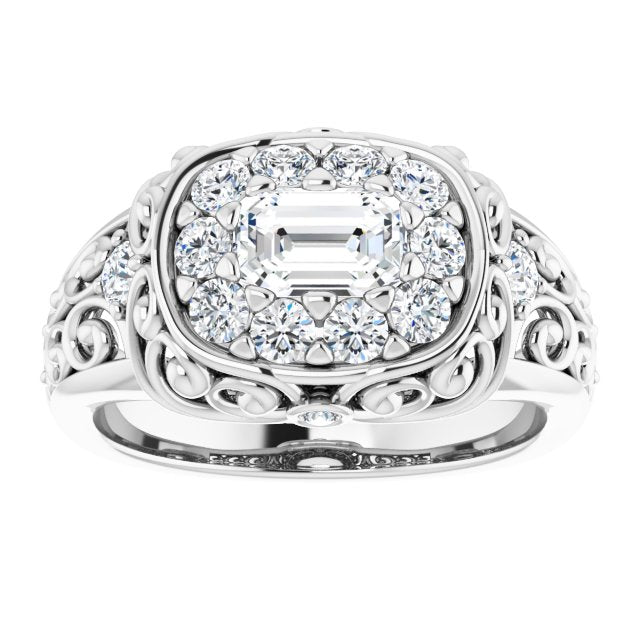 Cubic Zirconia Engagement Ring- The Vanessa (Customizable Emerald Cut Halo Style with Round Prong Side Stones and Intricate Metalwork)