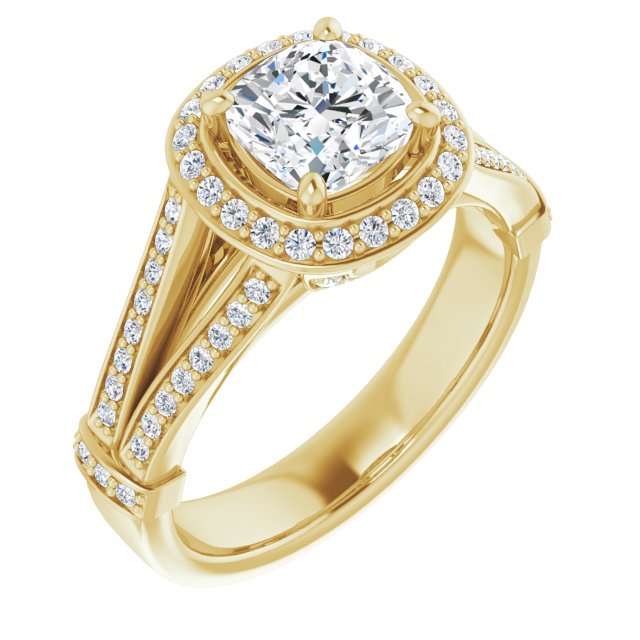 10K Yellow Gold Customizable Cushion Cut Setting with Halo, Under-Halo Trellis Accents and Accented Split Band