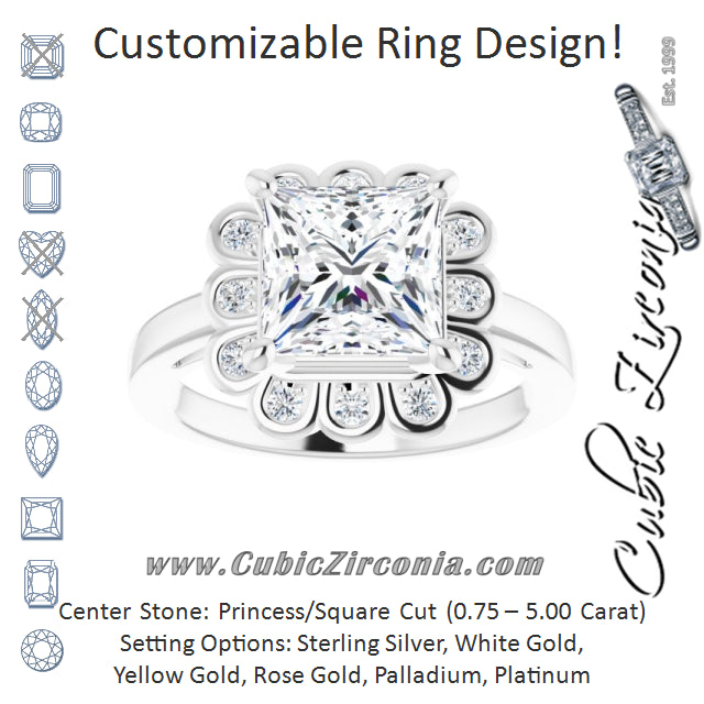 Cubic Zirconia Engagement Ring- The Mary Lou (Customizable 9-stone Princess/Square Cut Design with Round Bezel Side Stones)