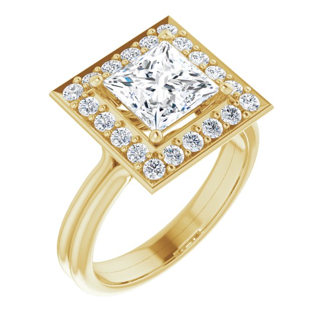 10K Yellow Gold Customizable Cluster-Halo Accented Princess/Square Cut Style with Tapered Dual Band