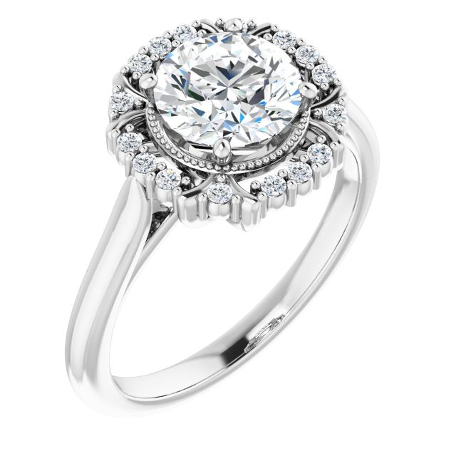 10K White Gold Customizable Round Cut Design with Majestic Crown Halo and Raised Illusion Setting