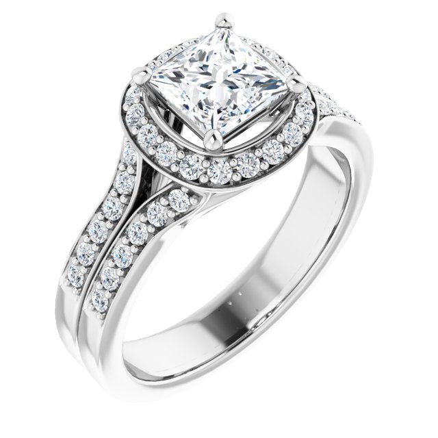 10K White Gold Customizable Princess/Square Cut Halo Style with Accented Split-Band