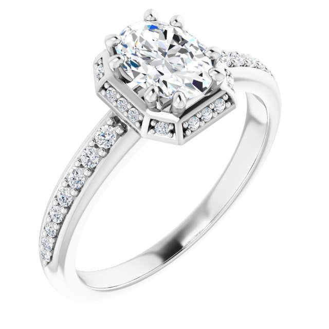 14K White Gold Customizable Oval Cut Design with Geometric Under-Halo and Shared Prong Band