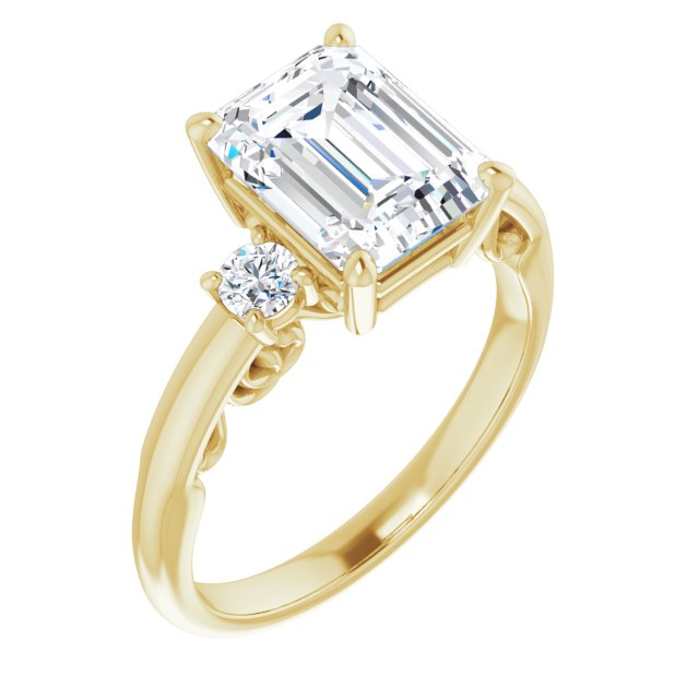 10K Yellow Gold Customizable Emerald/Radiant Cut 3-stone Style featuring Heart-Motif Band Enhancement