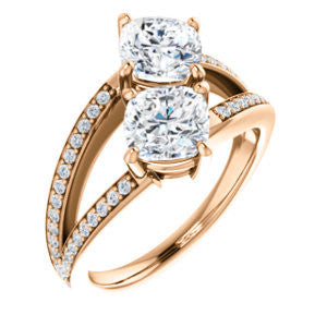 Cubic Zirconia Engagement Ring- The Valentina (Customizable 2-stone Double Cushion Cut Design with Wide Split-Pavé Band)