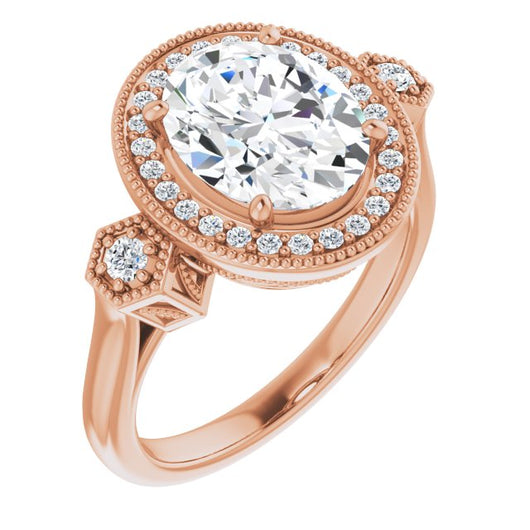 10K Rose Gold Customizable Cathedral Oval Cut Design with Halo and Delicate Milgrain