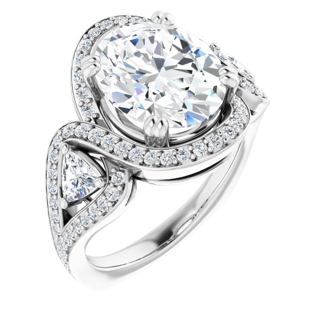 10K White Gold Customizable Oval Cut Center with Twin Trillion Accents, Twisting Shared Prong Split Band, and Halo