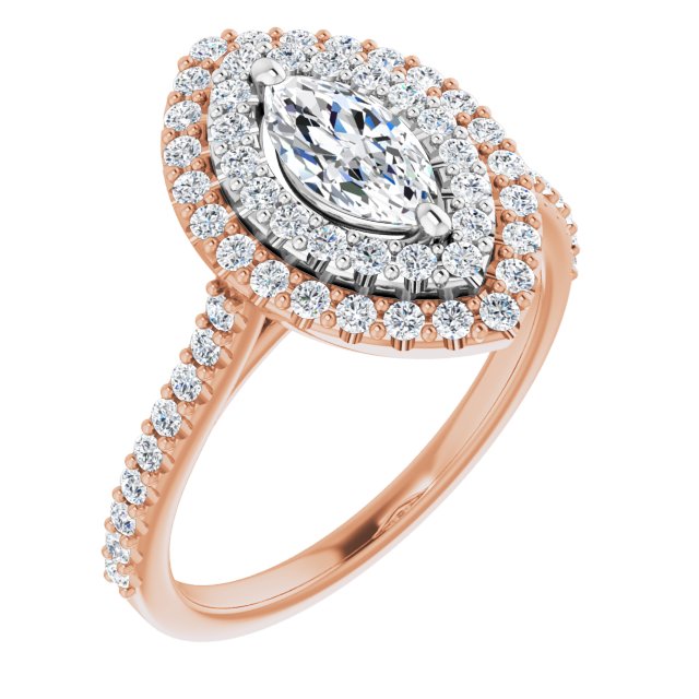 14K Rose & White Gold Customizable Double-Halo Marquise Cut Design with Accented Split Band