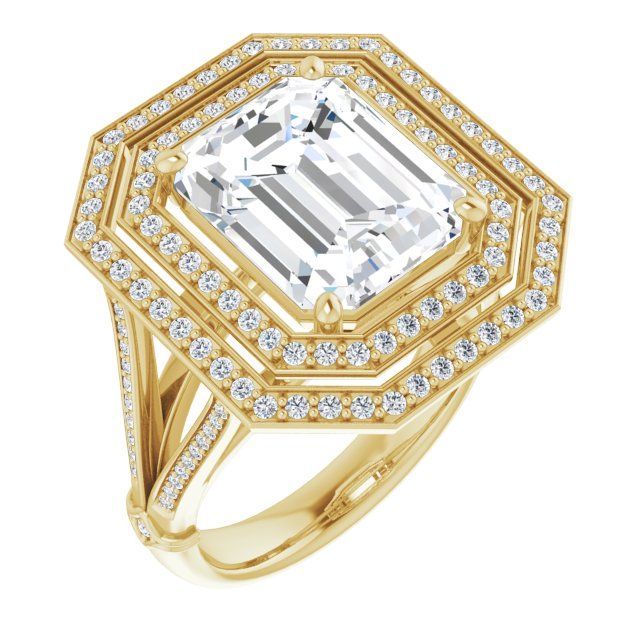 10K Yellow Gold Customizable Cathedral-set Emerald/Radiant Cut Design with Double Halo, Wide Split-Shared Prong Band and Side Knuckle Accents