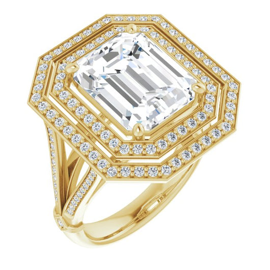 10K Yellow Gold Customizable Cathedral-set Emerald/Radiant Cut Design with Double Halo, Wide Split-Shared Prong Band and Side Knuckle Accents