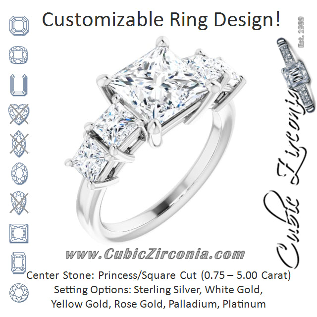 Cubic Zirconia Engagement Ring- The Abril (Customizable 5-stone Princess/Square Cut Style with Quad Princess-Cut Accents)
