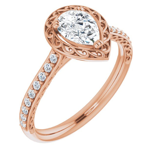 10K Rose Gold Customizable Pear Cut Halo Design with Filigree and Accented Band