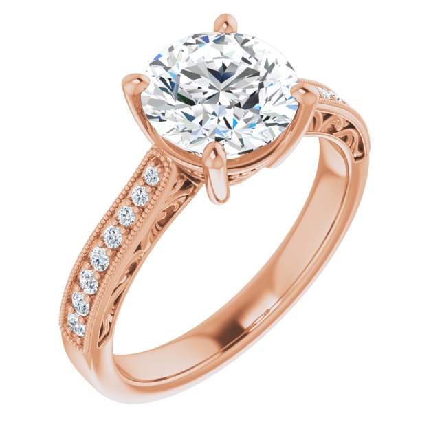 18K Rose Gold Customizable Round Cut Design with Round Band Accents and Three-sided Filigree Engraving